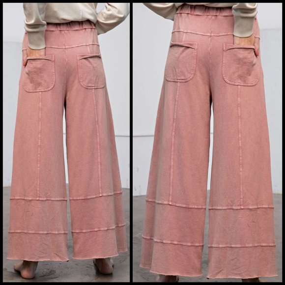 EASEL "Perfect Cargo" Terry Knit Mineral Washed Flared Leg Pants Raw Hem & Seams - Picture 5 of 14